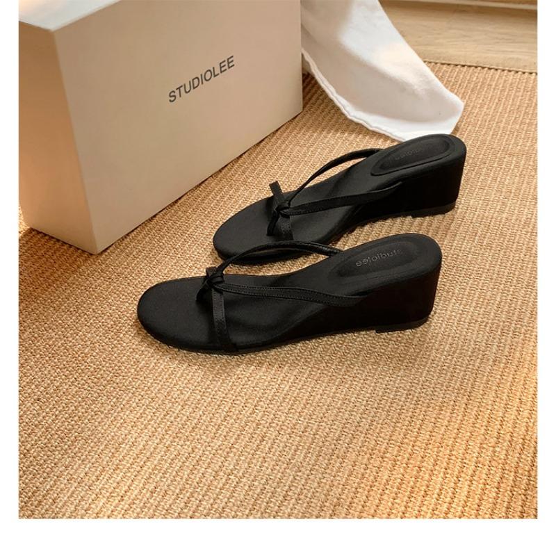 New Heel Height 6cm~ Silver Toe Outer Wear Temperament Beautiful Thin Belt Slope Heel Cool Slippers Summer