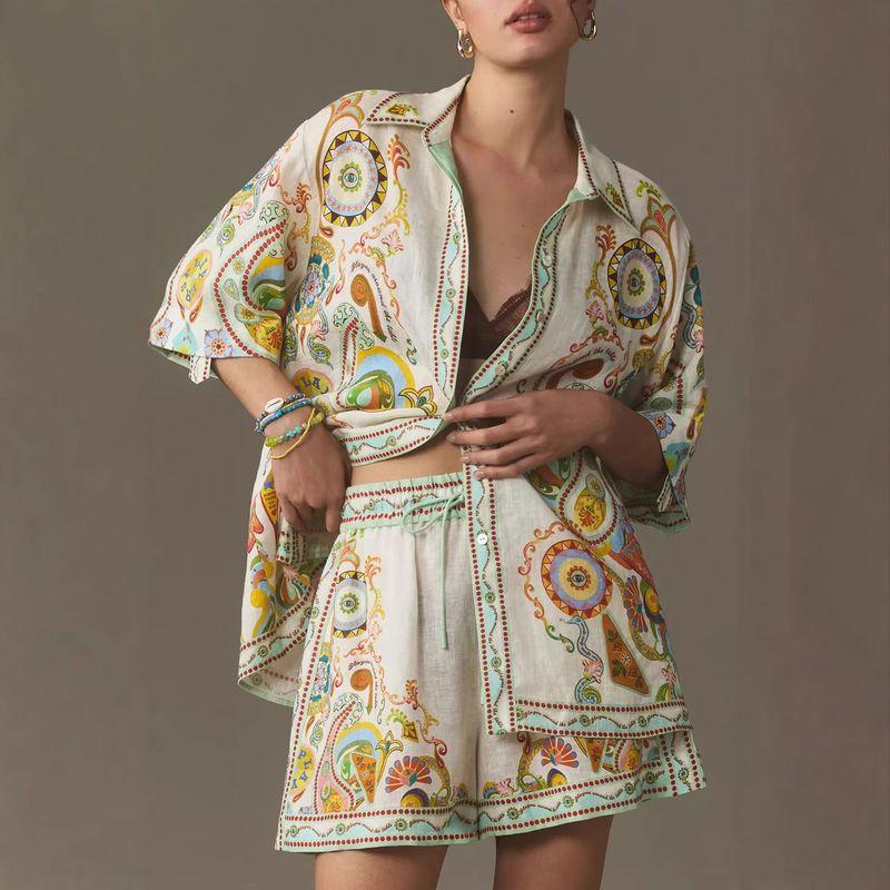 

Женский Летний Европейский и Американский Новый Рубашка Короткий рукав Шорты Темперамент Элегантный Завышенная талия Принт Повседневный Модный Комплект Apricot XL