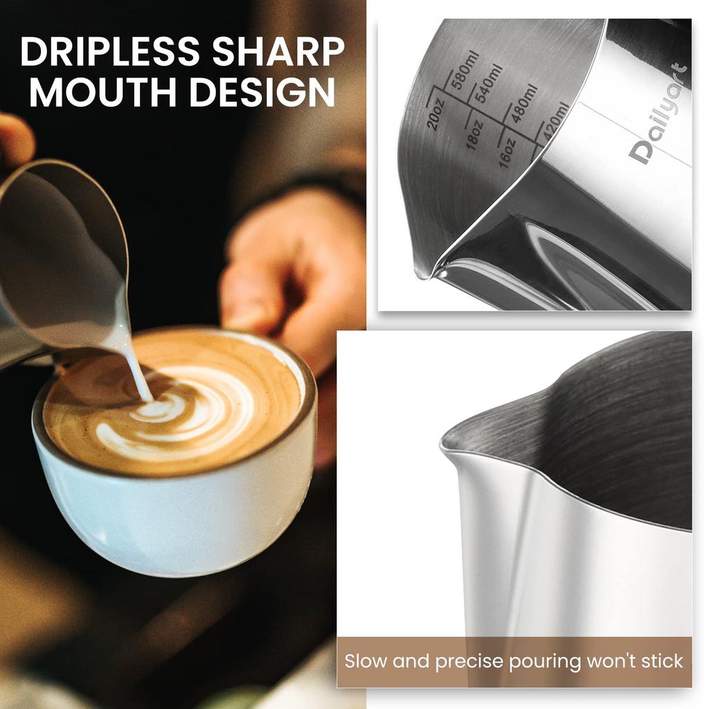 Milchkännchen, Latte Art Milchkännchen, 188 Edelstahl mit Skala, Kaffeemilchaufschäumer (600ml)