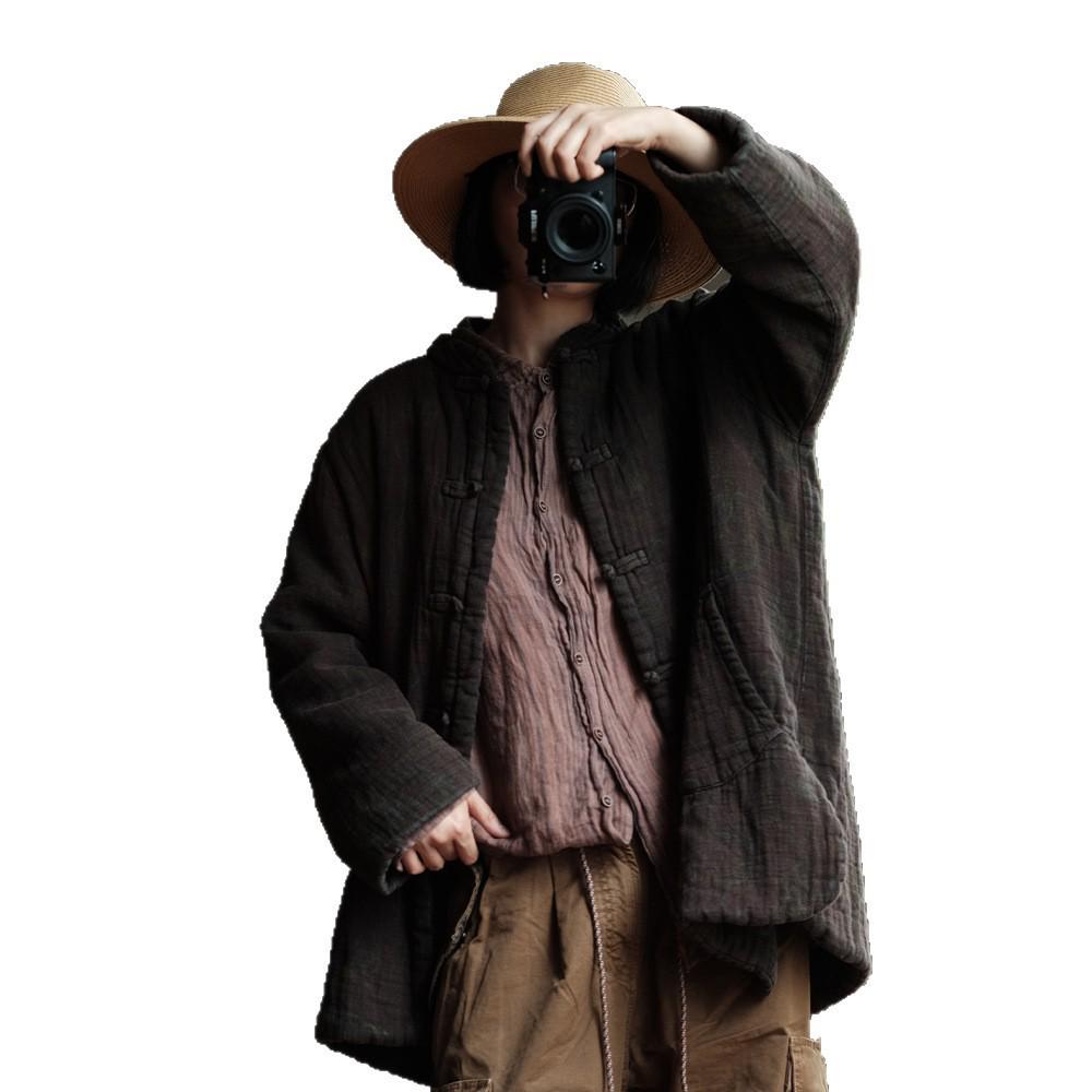Retro Literary Chinese-Style Stand-Up Collar Frog Button Loose Cotton Coat for Women
