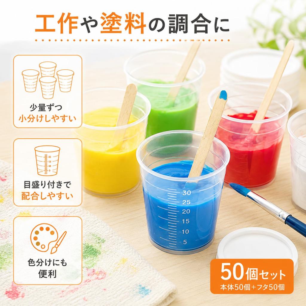 seimeinoki Measuring Cups, 50-Pack, Disposable Mixing Cups, 30ml, with Measurement Markings and Cover, Transparent, Small, for Epoxy Resin, Paint