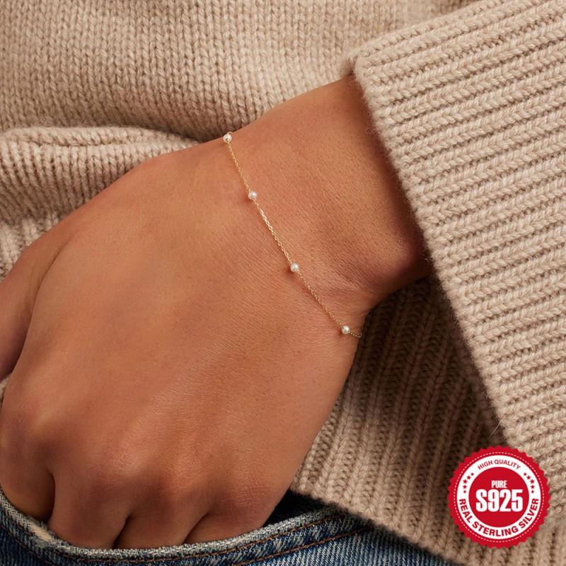 Sterling Pearl Stackable Bracelet Women Gold Plated Minimalist Geometric Design Fashion Daily Wear