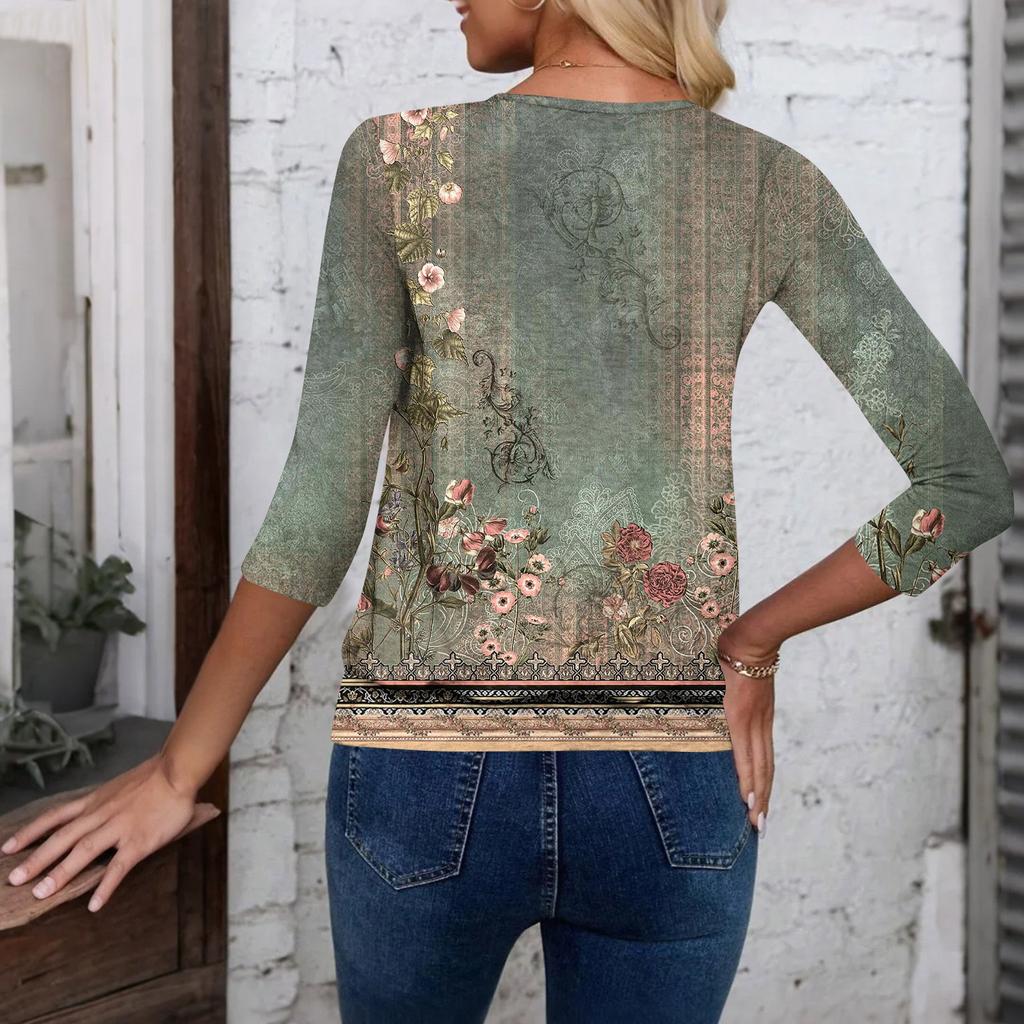 Damenmode Lässig V-Ausschnitt Dreiviertelarm Print Top