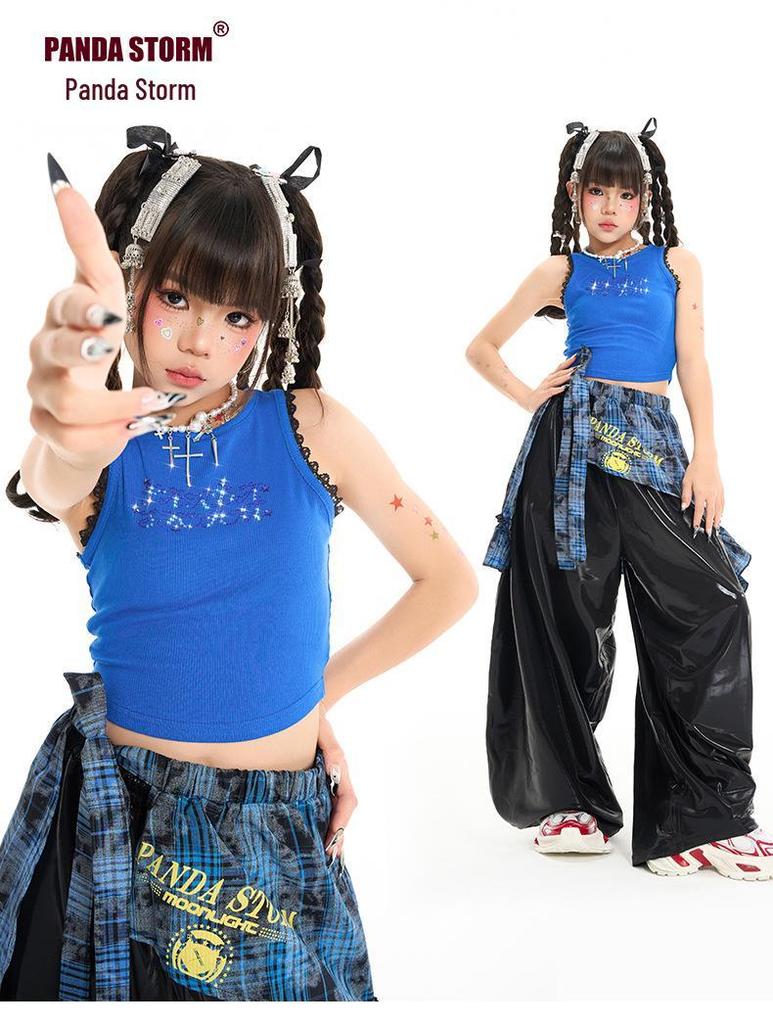 Girls' Rhinestone Vest & Loose Pants Hip Hop Dance Costume Set
