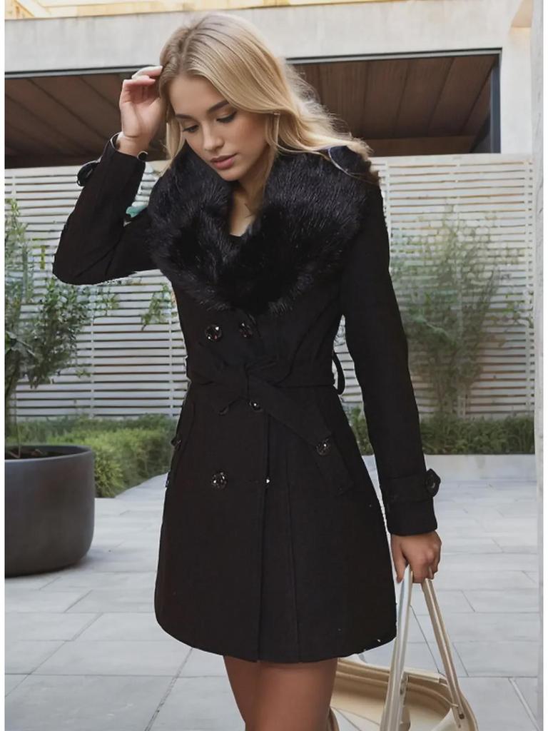 Damen Wollwintermantel mittlerer Länge mit großem Pelzkragen - Europäische Größe