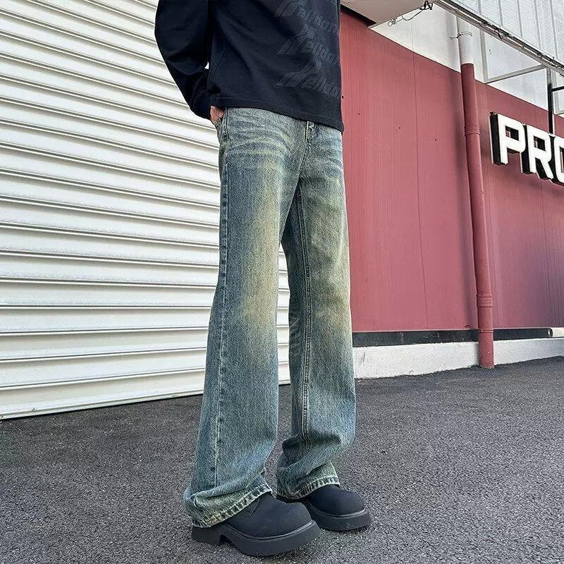 American high street micro-pull retro blue design jeans men's gradual change straight washed trousers hiphop do old trendy brand