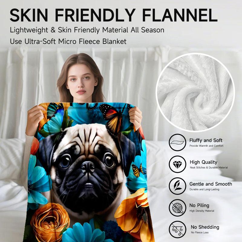 Pug-themed Fleece Blanket, Perfect for Sofa, Bed, Office; Ideal Gift for Family, Friends, Holidays.