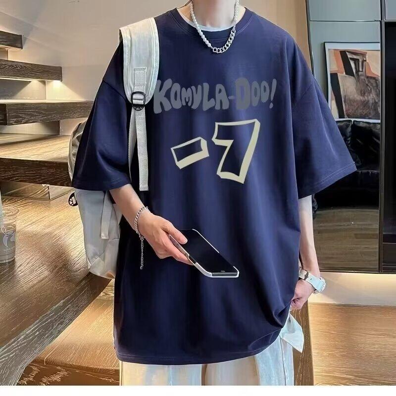 

Мужская модная футболка с круглым вырезом и короткими рукавами с принтом для лета, свободный повседневный топ 3XL темно-синий