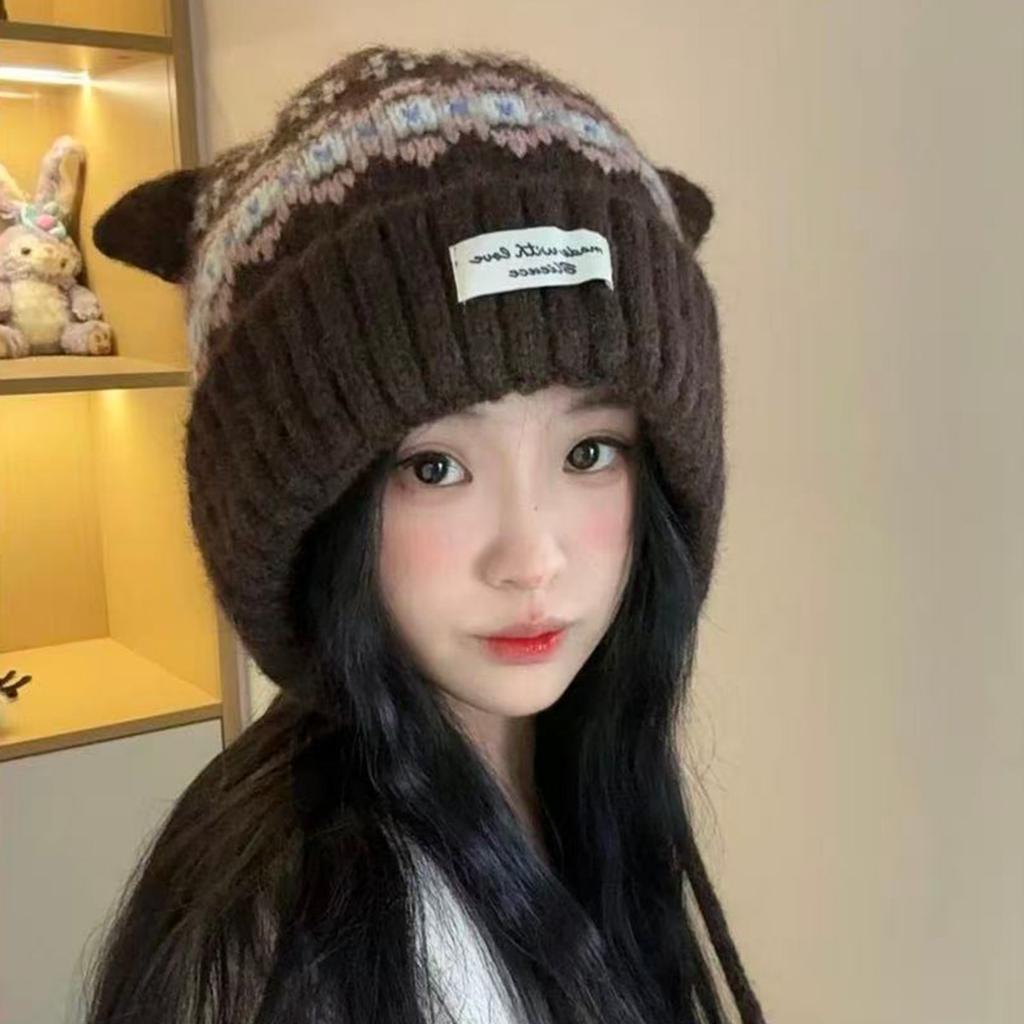 2025 new retro jacquard cat ears knitted hat women's winter velvet cold-proof ear protection cute warm wool hat