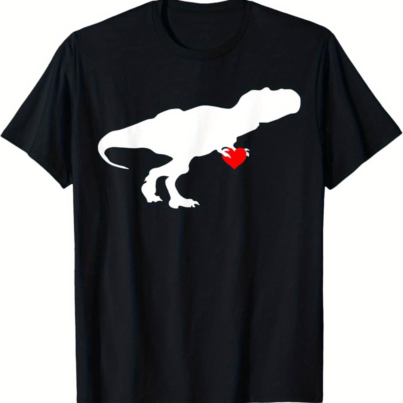 Dinosaur T-Rex with Heart Valentines Day Graphic Tee Casual Short Sleeve Cotton T-Shirt for Men 4XL