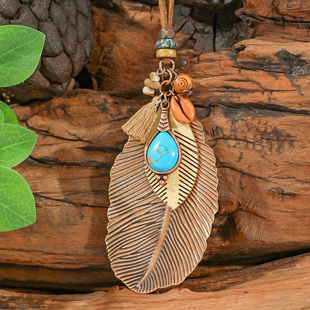 Damenmode Boho Lange Halskette Elegante Stammes-Halskette Retro Braune Anhänger Halsketten Schmuck