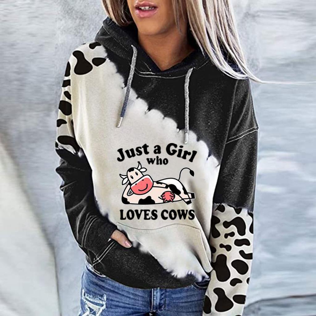 Camicie casual da donna con stampa mucca carina, manica lunga, girocollo, girocollo