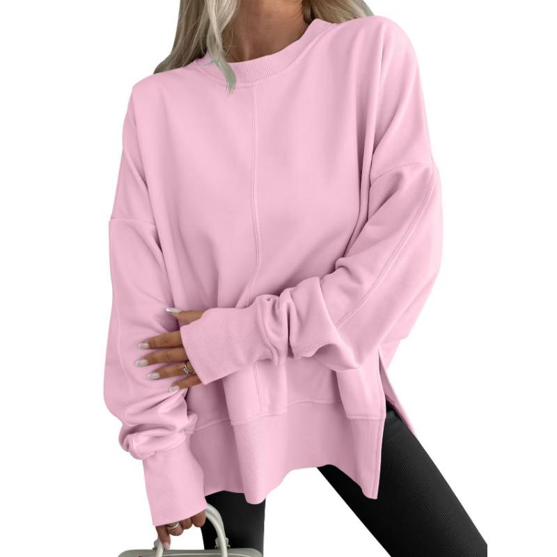 Loose Fleece Sweatshirt Round Neck Side Split Long Sleeve Casual Top For Women