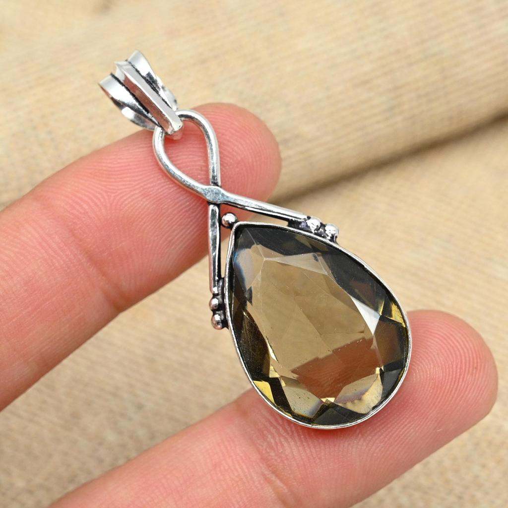 Rauchtopas-Anhänger aus massivem 925er-Sterlingsilber, handgefertigter Schmuckanhänger, Thanksgiving-Geschenk