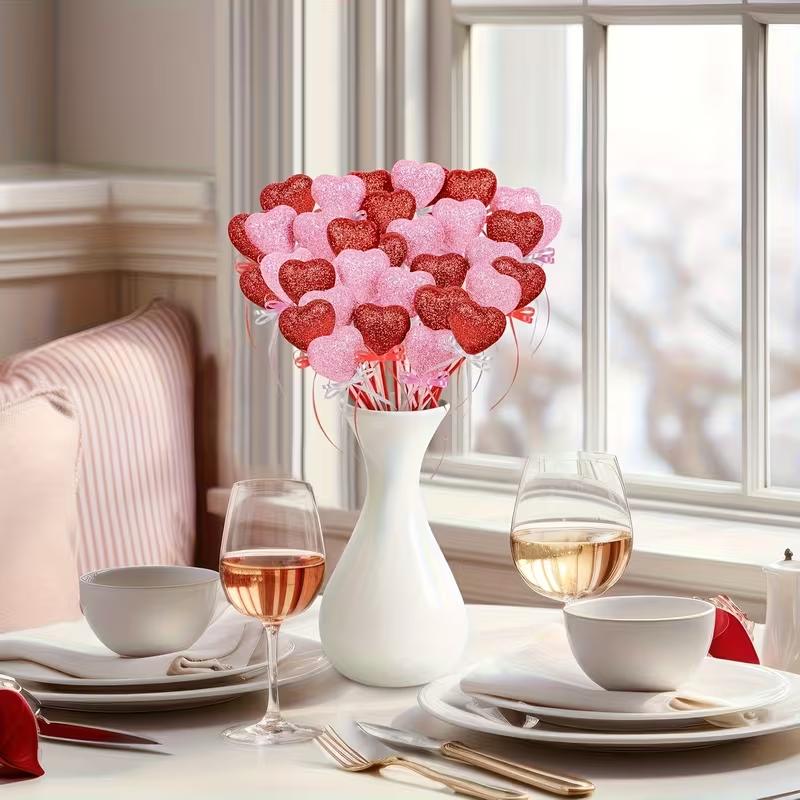 10-Piece Glitter Foam Heart Picks for Valentine's Day, Mother's Day, Gift Vases, Decorations, Birthday Parties