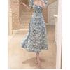 Women's Summer Trumpet Sleeve Waist Cinched Dress Short Sleeved Floral Long Skirt