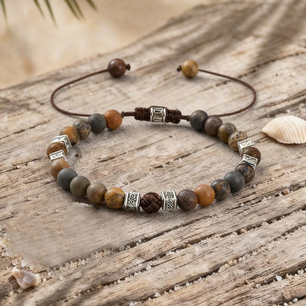 Vnox Natural Stone Beaded Bracelet for Men Women, Zinc Alloy Spacer Beads, Adjustable 17-33cm, 6.6mm Beads Trendy Jewelry Gifts