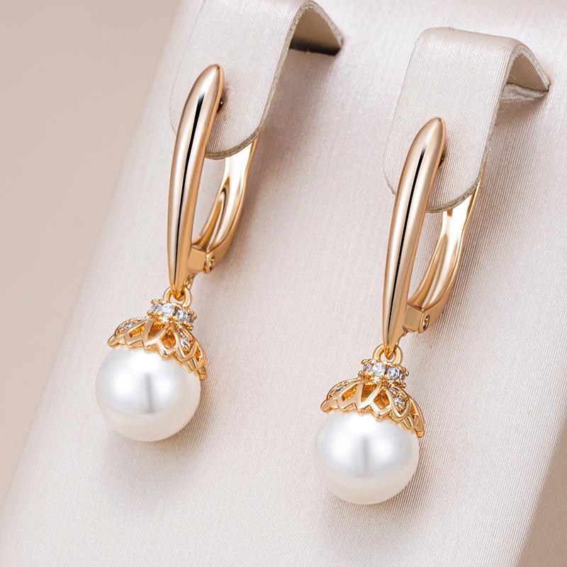 Rose Gold Color Pearl Long Drop Earrings For Women Unique Natural Zircon Accessories Metal Flower Wedding Jewelry