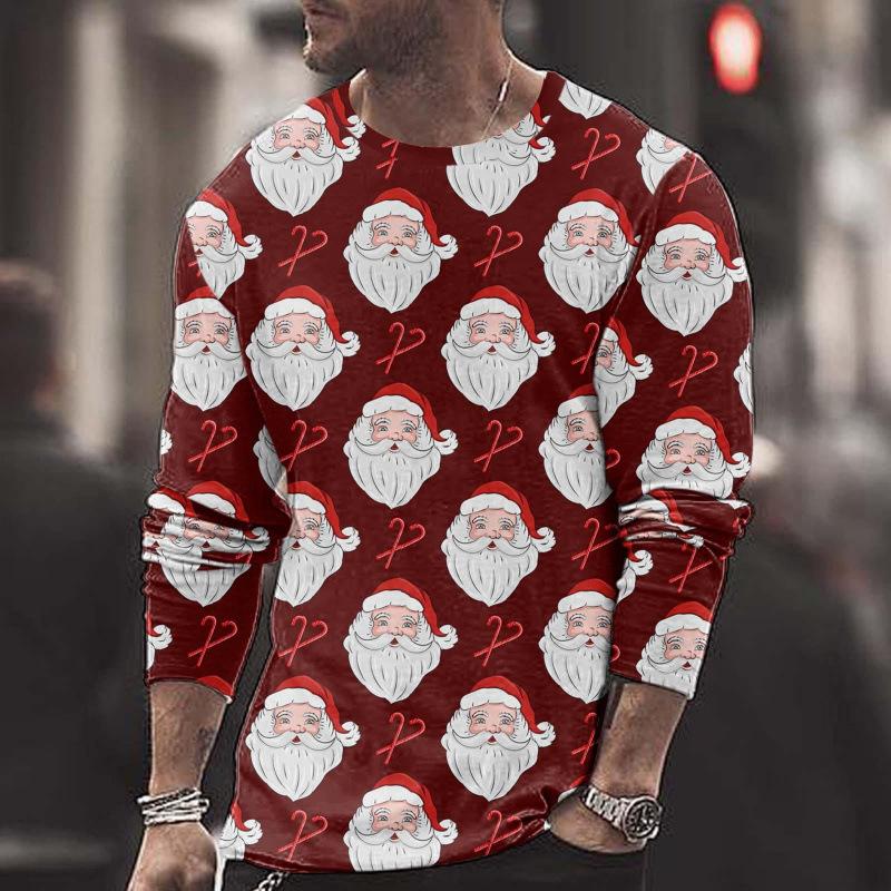 Summer Round Neck Christmas 3D Print Top Fashionable Casual Long Sleeved Men's T-shirts