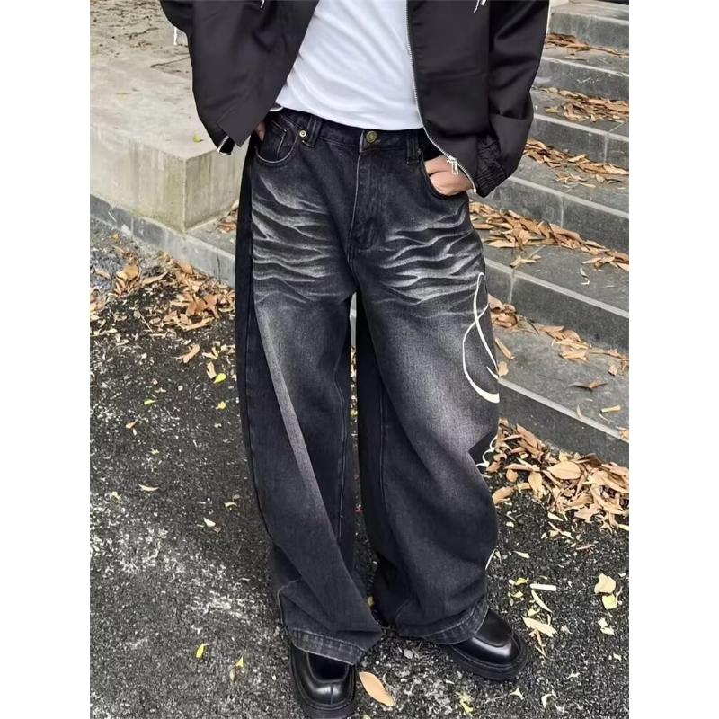 Autumn Men's Letter Printed Straight-Leg Baggy Jeans Hip Hop Fashion Washed Denim Pantalones American Retro Y2K Streetwear Jean