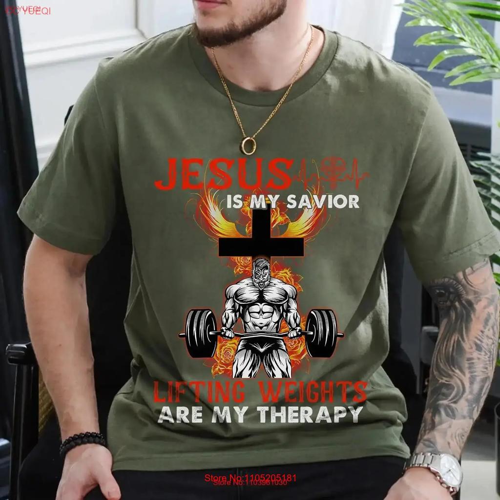Jesus Is My Savior Lifting Weights Are Therapy T Shirt Faith and Fitness Gym Christian Workout for Men vintage Washed homme