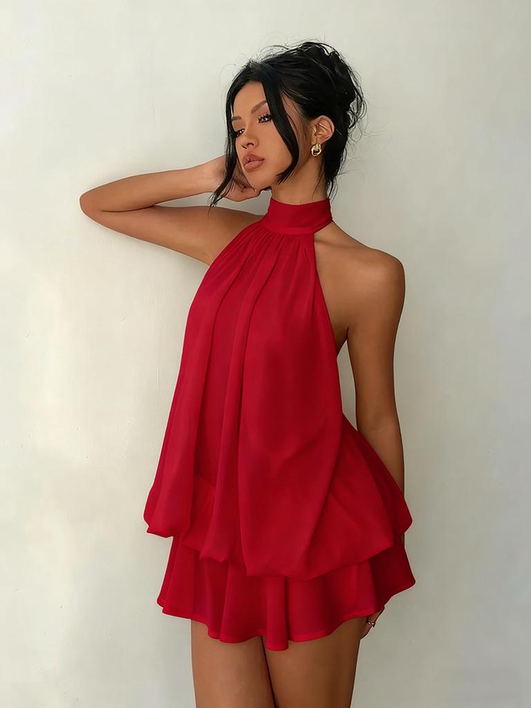 Women's Vacation Slim Fit Sexy Open Back Pendant Tie Waist Ruched Top with Bubble Skirt Dress