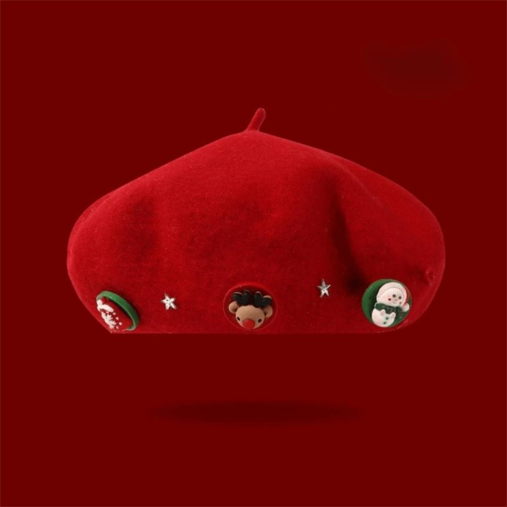 Star Christmas Beret Solid Color Octagonal Hat Fashion Wool Beret  Outdoor