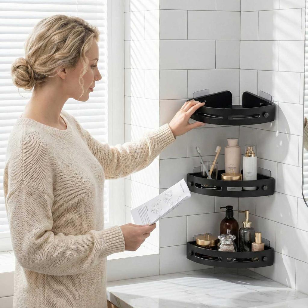 3 Pack Gray Abs Triangular Suction Cup Shower Caddy, 3 Tier Corner Shelves, No Drilling Bathroom Organizer, Towels Hook Toiletries Storage Rack