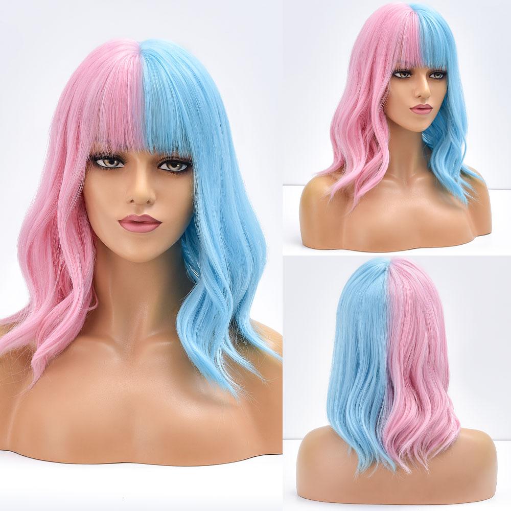 Short Bob Synthetic Wig Ombre Pink Water Wave Hair Wigs For Black Women With Bangs Cosplay Lolita Heat Resistant Natural Hair