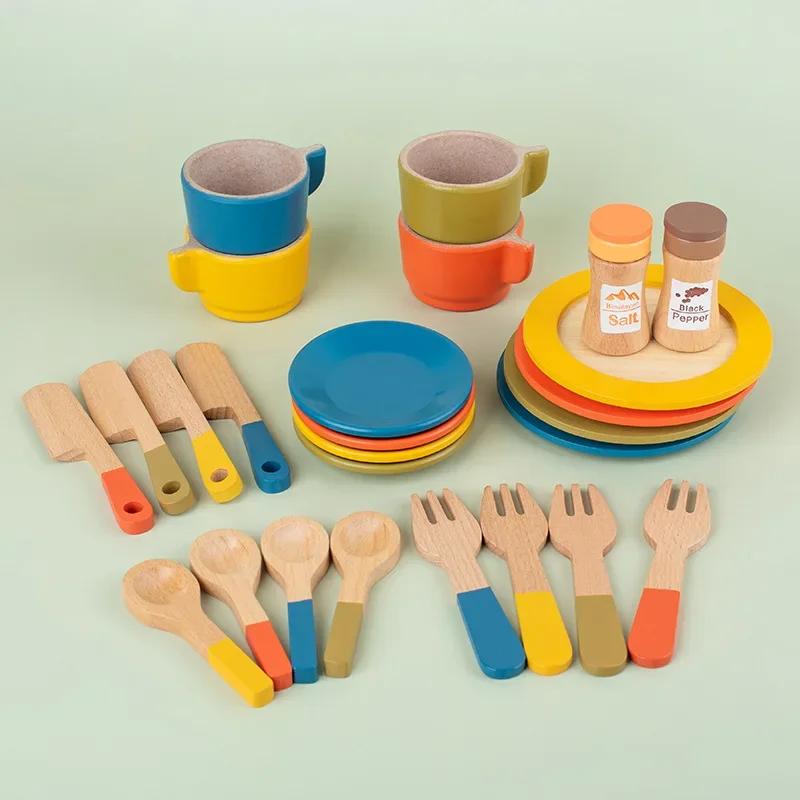 

Wooden Kitchen Toy Plates Dishes Montessori Color Matching Cups Simulation Play for Kids Play Cutlery Plate Set for ChildrenGift