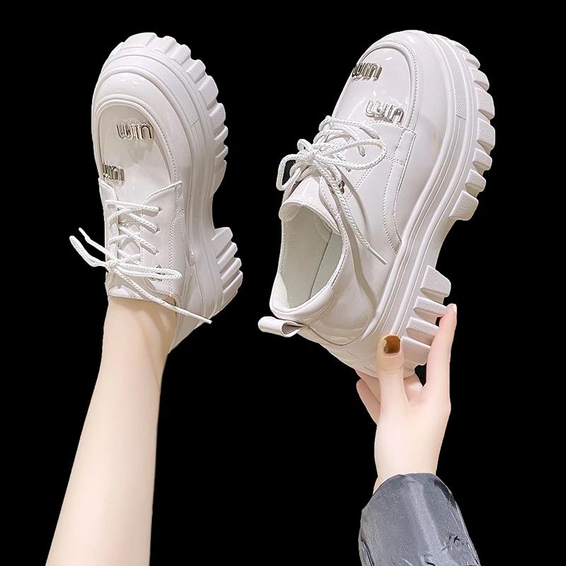 fashion British Style Chunky Platform Pumps Women 2024 Spring Autumn Lace Up Thick Heels Loafers Woman Round Toe Patent Leather Shoes