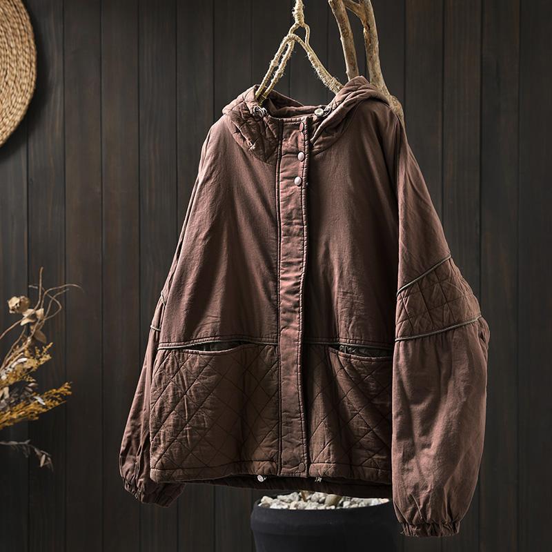 Johnature Women Vintage Hooded Patchwork Zipper Solid Color Winter Warm Long Sleeve Coats Female Casual Coats