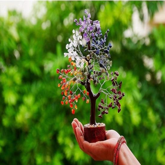 Gemstones, Seven Chakra Crystal Tree Showpiece for Good Luck Home Decor Item Bonsai Money Tree Plant Gift Item Figurine Standard 1 Piece