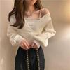 Women's Off-Shoulder Collar Pullover: Two-Piece Look, Long-Sleeved Knit Sweater - Ideal for Spring and Autumn