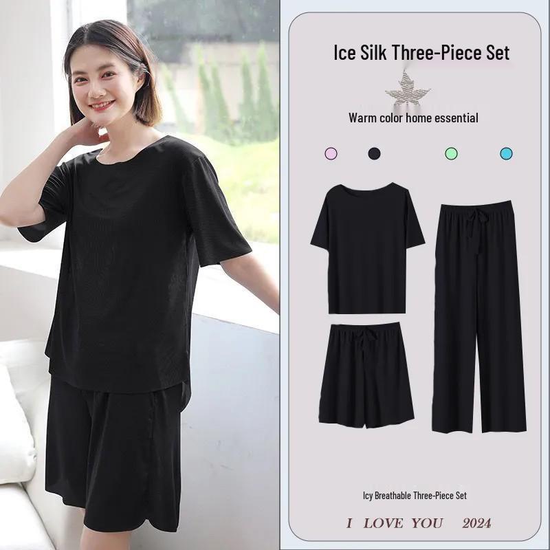 

Women s Comfortable Ice Silk Three-Piece Pajama Set – Lightweight, Versatile for Home or Outdoor Wear XL (50-60 kg) чёрный