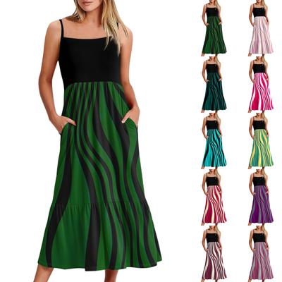 Damen Long Beach Casual Elegant Spaghettiträger Maxikleid Gestreiftes Zurückhaltendes Fließendes Bohemian Kleid
