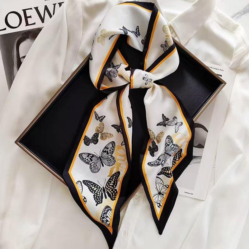 Fashion Blue Print Silk Scarf Women Soft Satin Horse Hairband Bevel Neckerchief Office Hijab Headband Foulard Bag Ribbons Gift