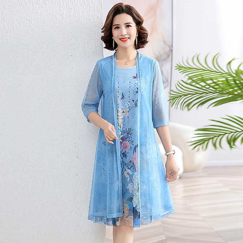 

Summer Chiffon Suit: Sleeveless Dress & Mid-Sleeve Jacket for Young Moms & Mature Women XL (95-115 jin) синій