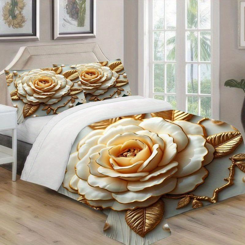 Golden Floral Bedding Set Duvet Cover Set Quilt Cover With Pillowcase For Bedroom Decor Birthday Gift Halloween Christmas Gift