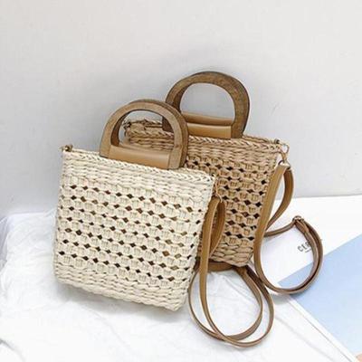 Damskie torby wiaderkowe ze słomy Drewniana rączka Torby na ramię Projektant torby z dzianiny rattanowej Crossbody