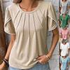 Summer Women's New Crewneck Solid Color Pressed Pleated Short Sleeves Lace Casual T-shirt