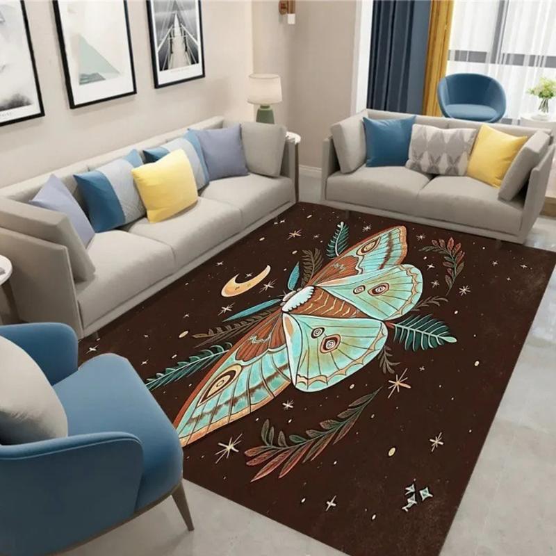 Mystic Green Luna Moth Rug Celestial Moon Star Botanical Floral Print Non-Slip Floor Carpet Boho Gothic Nature Home Decor Rug