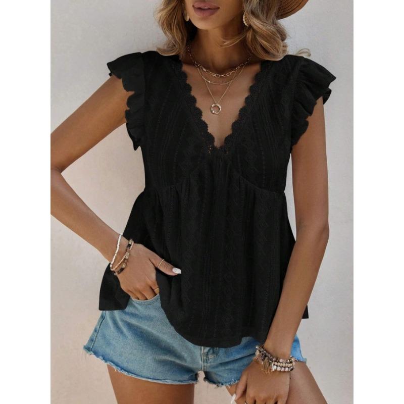 Damskie Nowe Modne Topy Wiosenno-Letnie z Wycięciem V i Falbankami, Krótki Rękaw