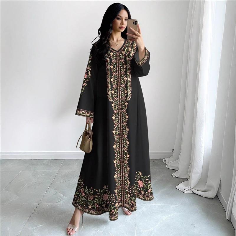 Women Floral Print Maxi Dress V‑Neck Long Sleeve Loose Casual Abaya Muslim Long Party Dress