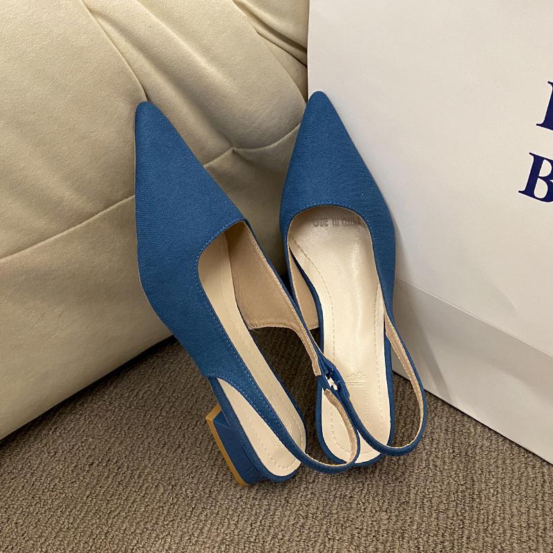 fashion Summer Women's New Sexy Pointed Retro Solid Color High Heels PU Leather Outdoor Banquet Party Women's Sandals Large Size