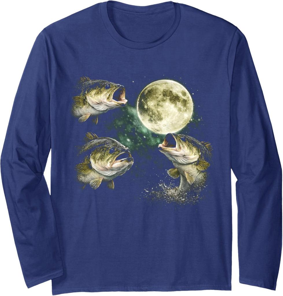 Bass Fish Howling To The Moon Vintage Angler Long Sleeve T-Shirt