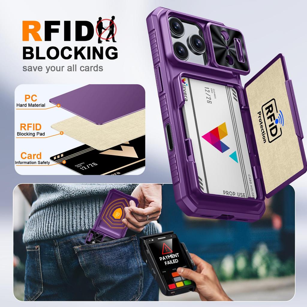RFID Blocking Wallet Case with Card Holder Sliding Camera Cover Stand PC+TPU Protective Case for iPhone 17 Pro-Purple