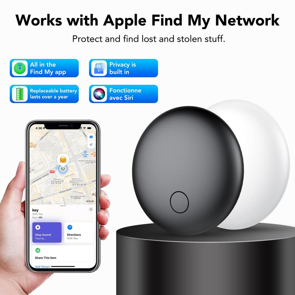2-Pack Smart Tracker Tag for Apple Find My App, IP67 Waterproof, Replaceable Battery, for Keys, Luggage, Backpack + Holder