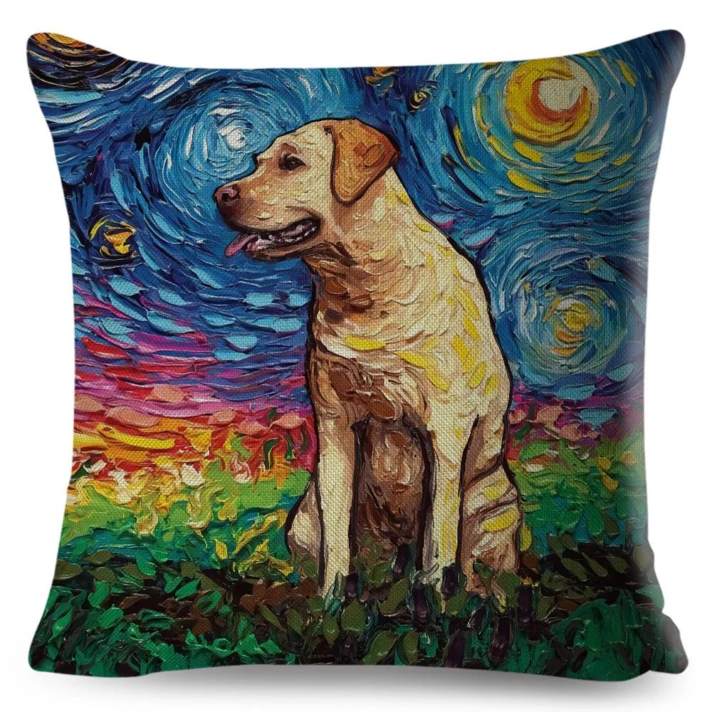 Both Sided Starry Sky Dog Cushion Cover Decor Oil Painting Cartoon Pet Animal Pillow Case for Sofa Home  Linen Pillowcase