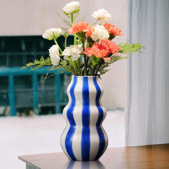 Vaso Exquisitamente Artesanal Estampa Listrada Vaso de Cerâmica Decorativo Redondo Tamanho Perfeito Vaso Decorativo Artístico Decoração para Casa